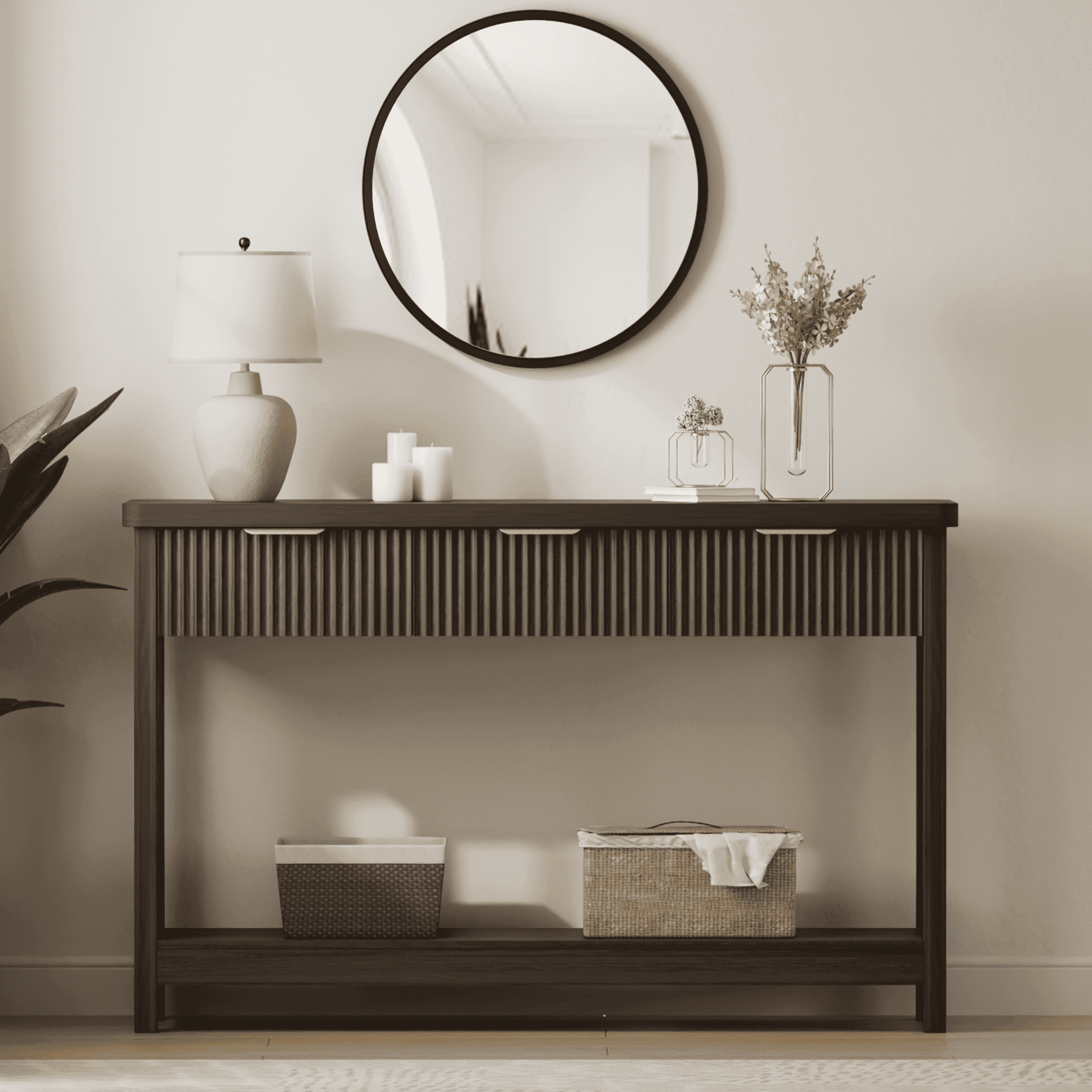Aufeile 51" Entryway Table, Modern Fluted Console Table with 3 Storage Drawers and Open Shelf, Narrow Sofa Couch Table for Living Room Hallway Entrance Foyer, Walnut, Home Decor