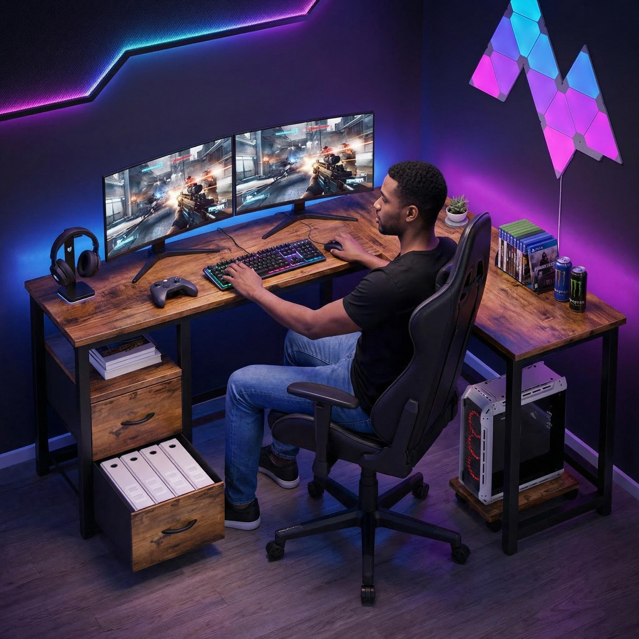 Computer Desk, Lofka 66" L Shaped Gaming Desk with Power Outlets and USB Charging Ports for Home Office, Retro Brown