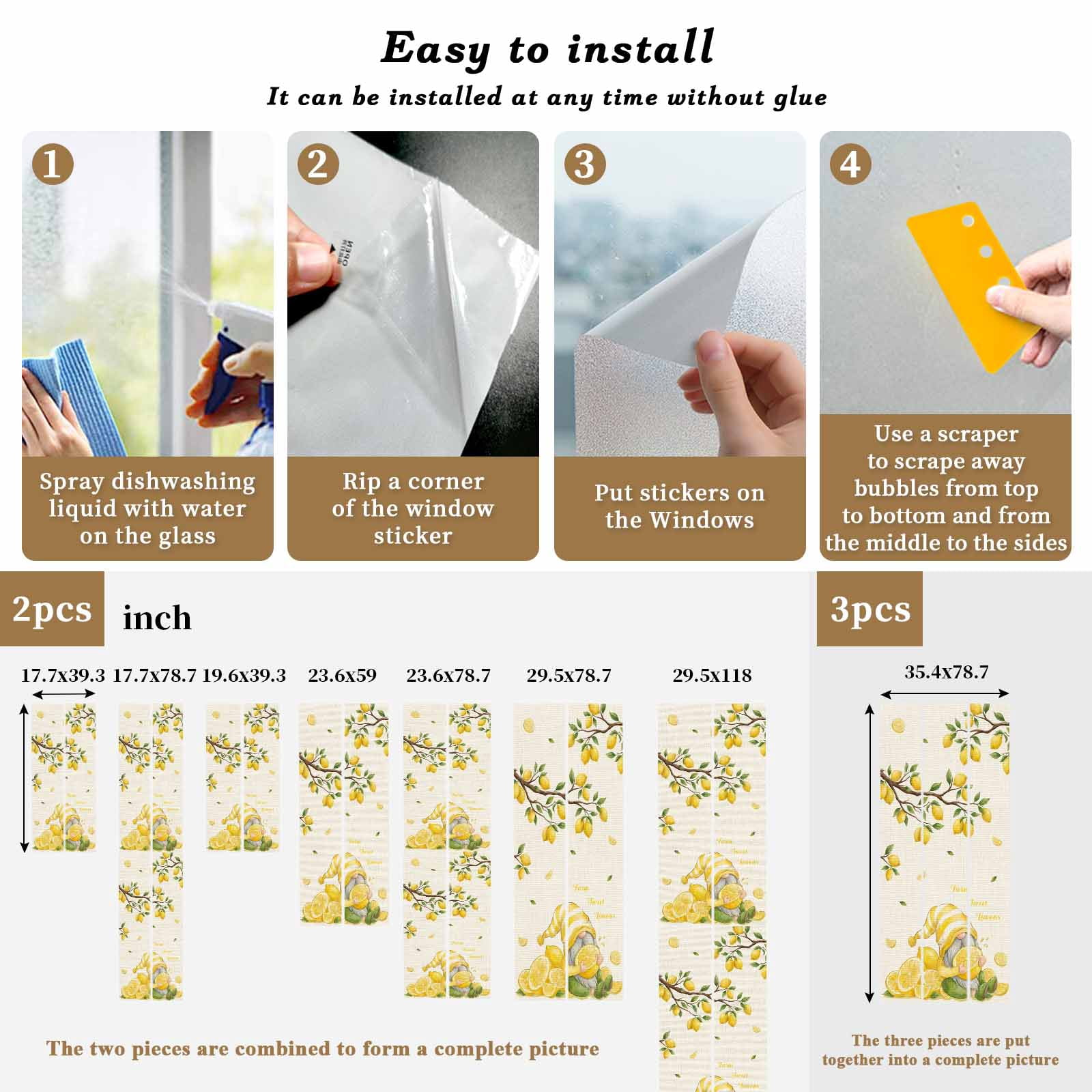 Summer Vintage Gnome Lemon Window Privacy Film, Country Farm Yellow Lemon Tree Leaf Frosted Glass Window Clings Static Cling UV Heat Blocking Reusable Door Sticker for Bathroom 23.6 x 59 Inch