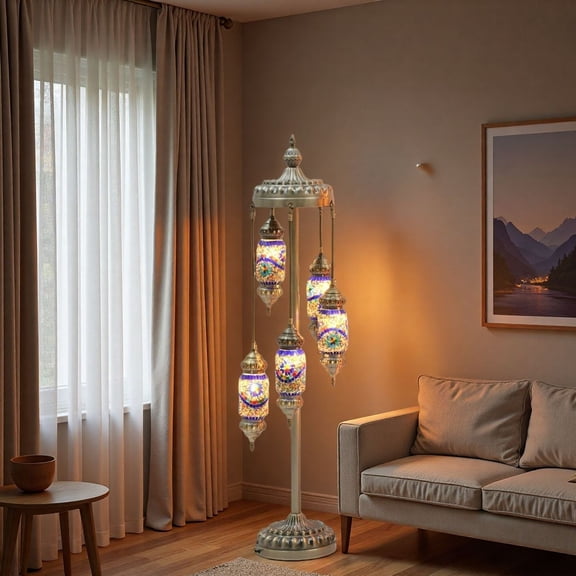 MINESTIA 52" Turkish Mosaic Floor Lamp, Handmade Bohemian Standing Lamp with 5 Stained Glass Shades & Heavy Base for Bedroom, Living Room