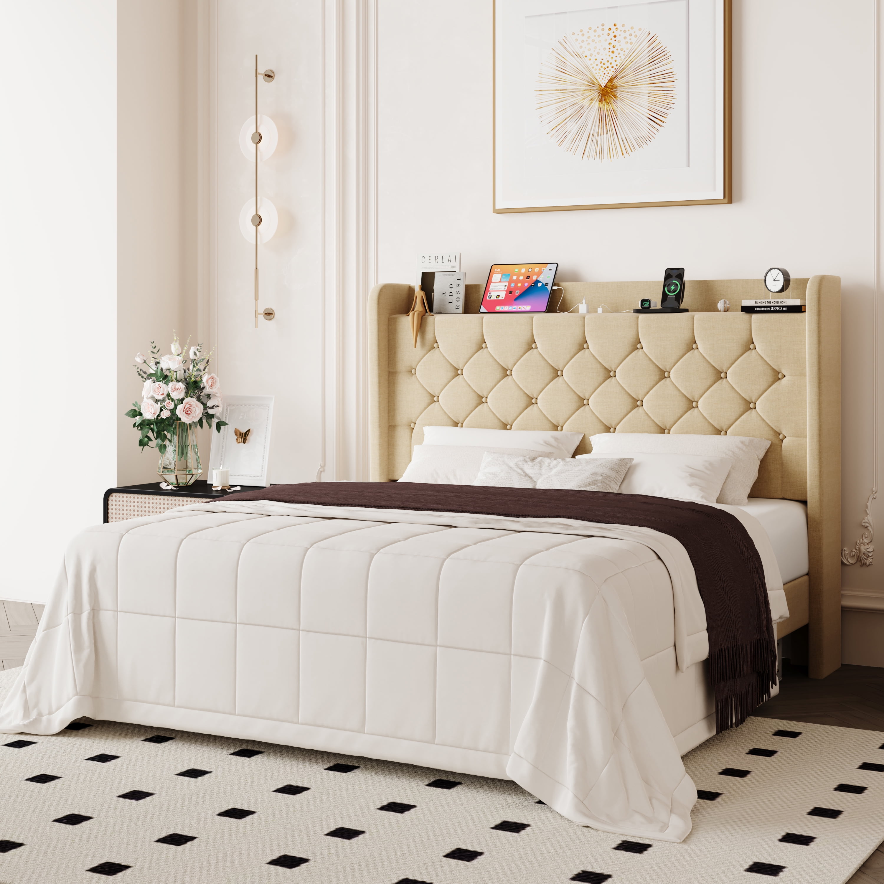 Allewie Full Size Bed Frame, Storage Headboard with Charging Station, Wingback Velvet Upholstered, Diamond Stitched Button Tufted, Sturdy Wooden Slats, No Box Spring Needed, Easy Assembly, Beige