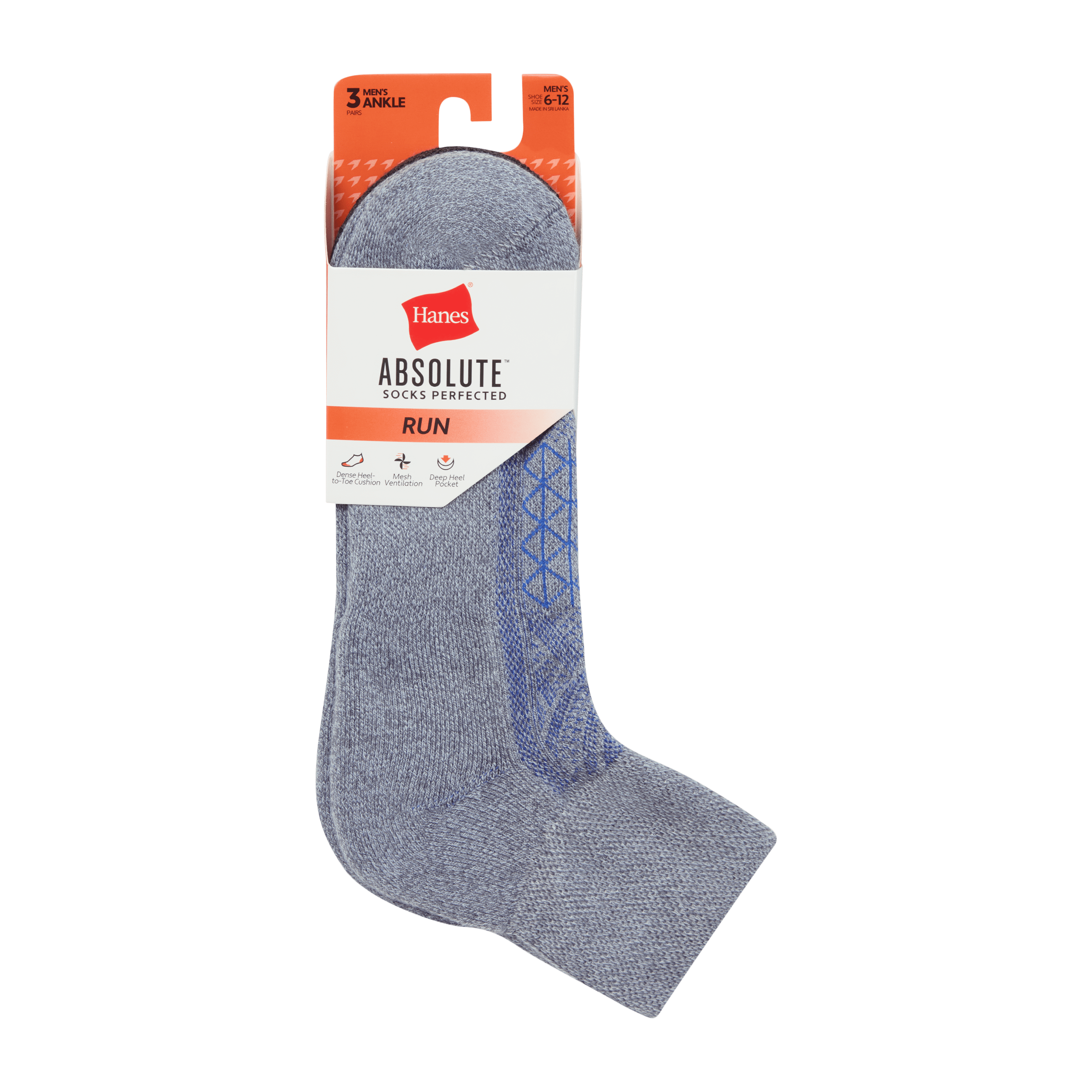 Hanes Mens Absolute Run Comfort Cushioned Ankle Socks, 3-Pairs