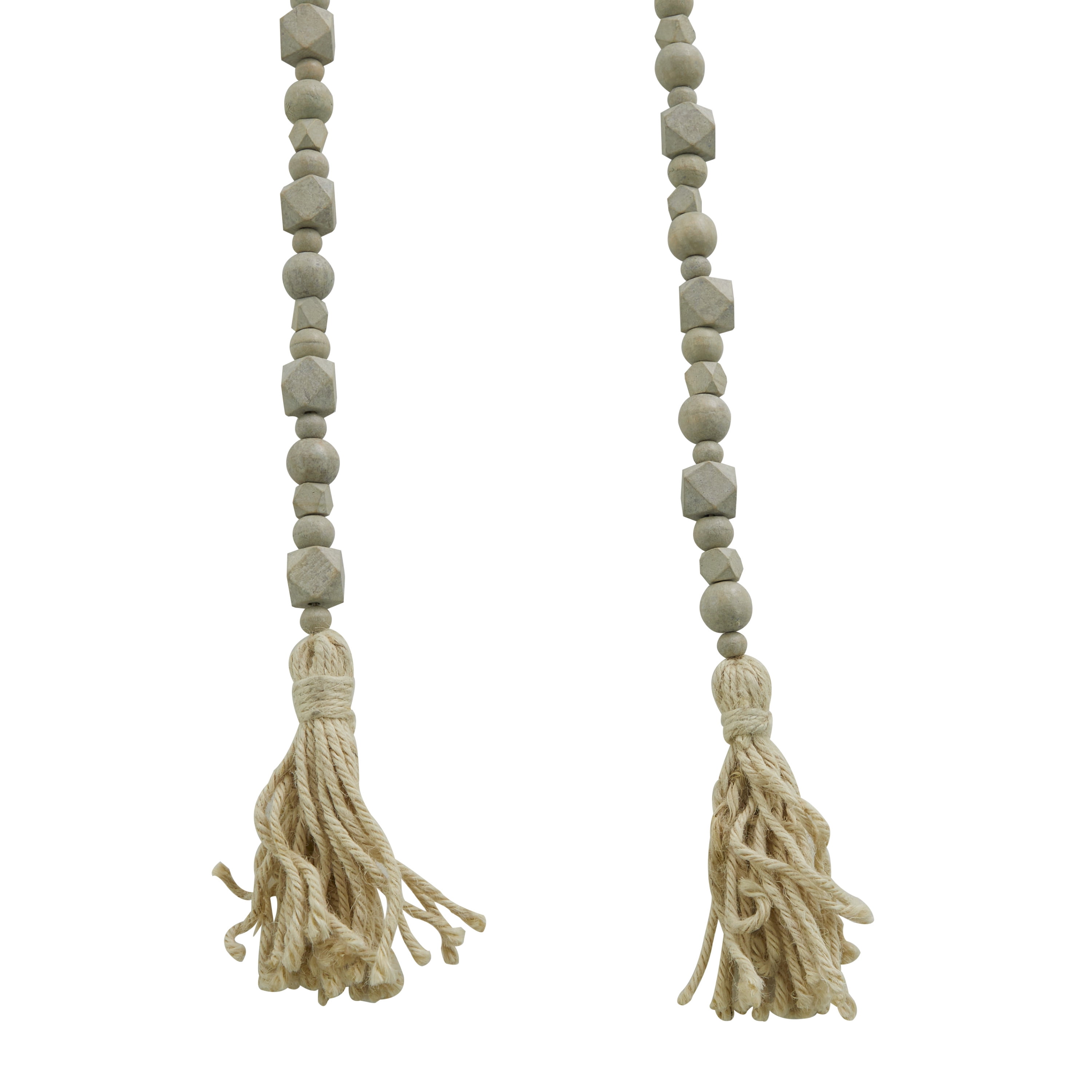 DecMode Gray Wood Bohemian Garland Décor with Geometric Bead Details and Cream Cotton Tassel, 81"L