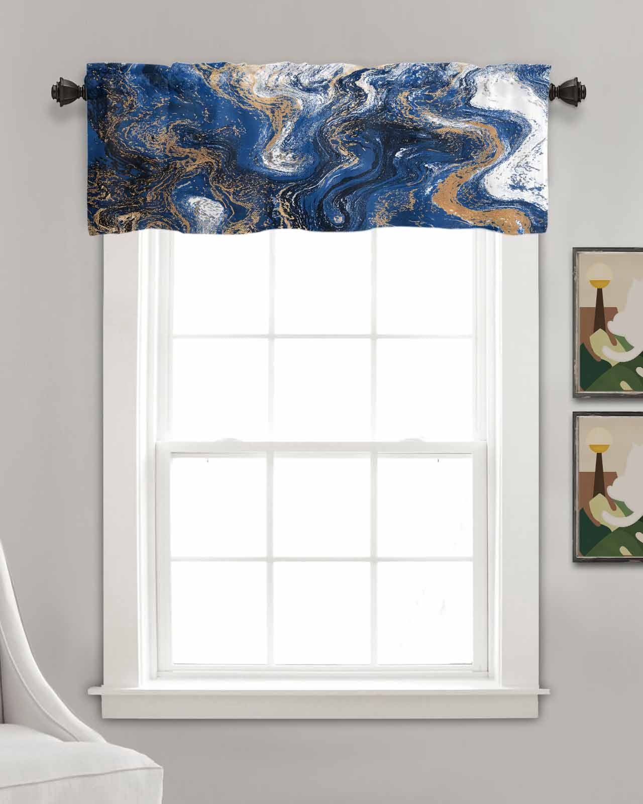 Blue Marble Kitchen Valances for Windows Farmhouse Linen Window Valance Curtain for Living Room Window Treatment Modern Minimalist Abstract Fluid Art Valance Rod Pocket Topper Drape, 42 x 12 Inch