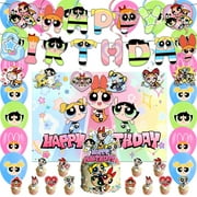 The Powerpuff Girls Themed Birthday Party Decoration Set, 38pc set includes backdrop, banner, cake toppers, balloons, and cupcake decorations.
