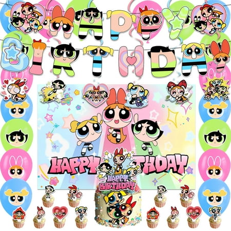 The Powerpuff Girls Themed Birthday Party Decoration Set, 38pc set includes backdrop, banner, cake toppers, balloons, and cupcake decorations.