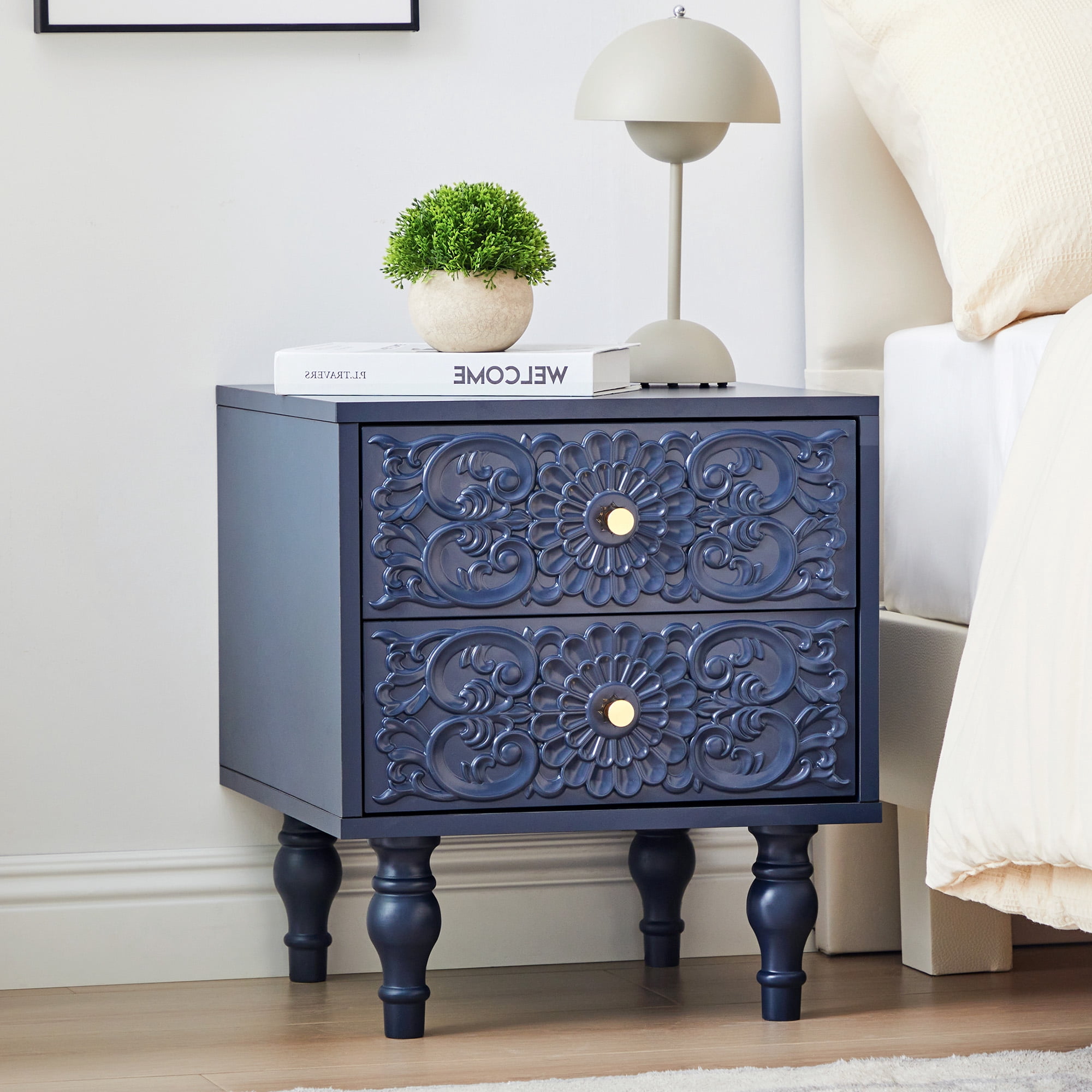 Wirrytor Vintage Short Nightstand Set of 2 with 2 Drawers, Bedside Table 2 Drawer Dresser with Embossed Pattern, Storage End Table with Wooden Legs for Bedroom & Living Room,Blue