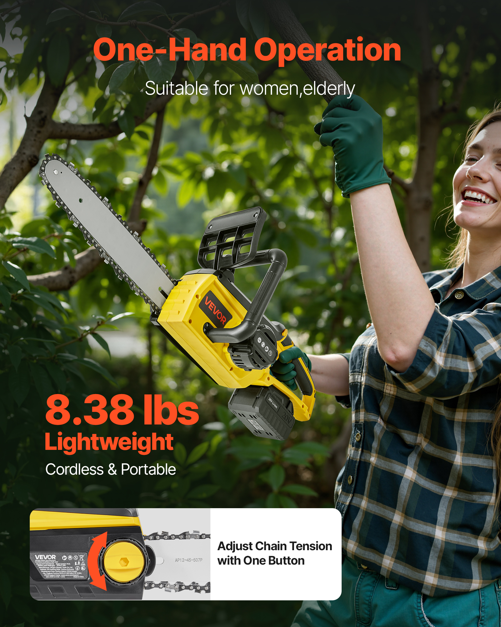 VEVOR Cordless Chainsaw, 20V 12-Inch Brushless Chainsaw Battery Powered, 4.0Ah Battery and Rapid Charger Included, Handheld Electric Chain Saw for Tree Felling, Wood Cutting, Pruning, and Trimming