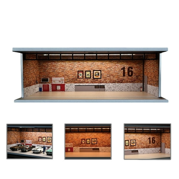 1/64 Diorama Car Garage Model, 3 Color LED Lighting, City Parking Lot Scene Model Display Case, Brightness Adjustable Showroom Model