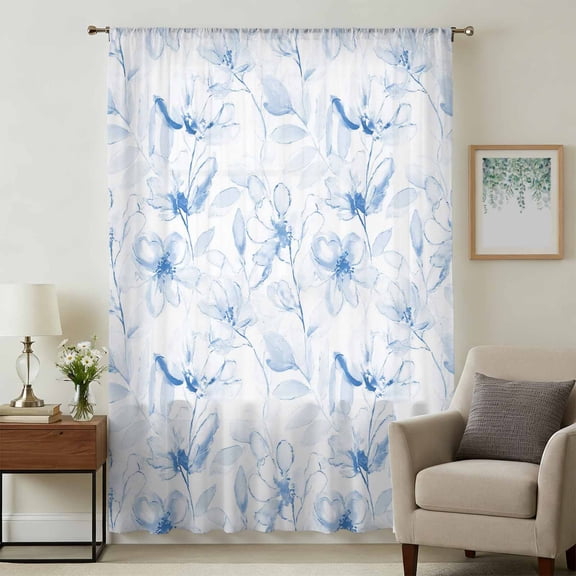 Blue Flower Sheer Curtains 72 Inches Long, Floral Botanical Line Drawing Print Light Filering Curtains, Breathable Simi Curtain Privacy Drapes for Living Room Bedroom Lightweight Window Treatment