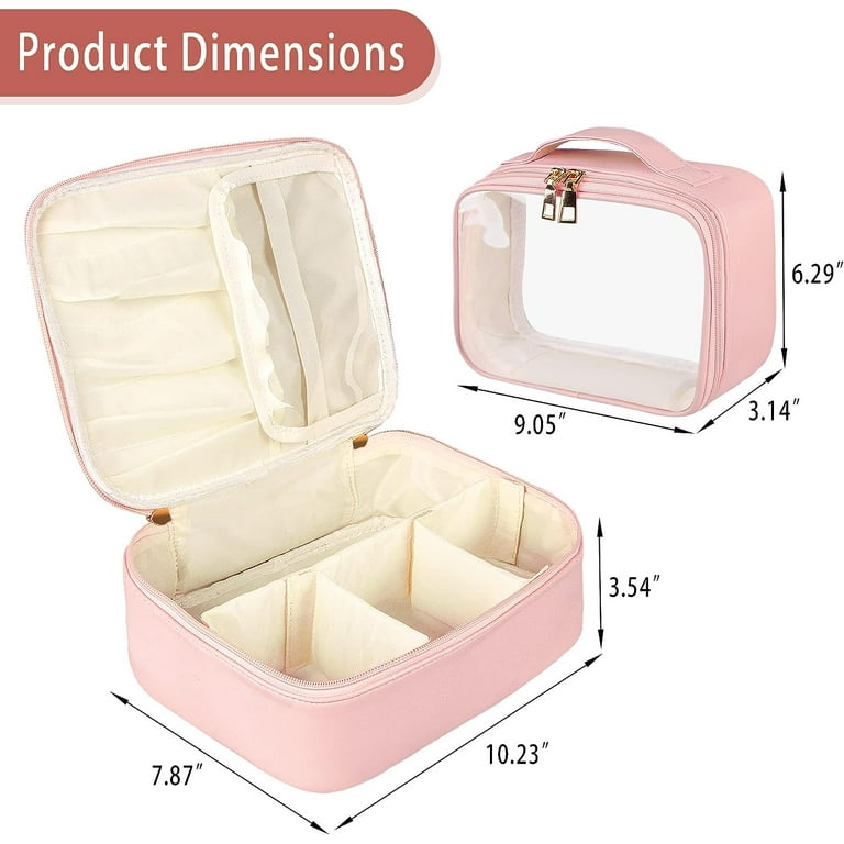 Makeup Bag 2 PCS PU Leather Cosmetic Bags Portable Travel Makeup Case Large Makeup Organizer with Clear Makeup Bag for Women Pink