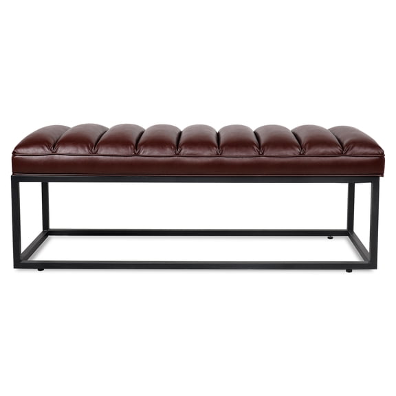 Knubmt Upholstered Leather Bench with Metal Base, Rectangle Ottoman for Bedroom, Living Room, Dining Room