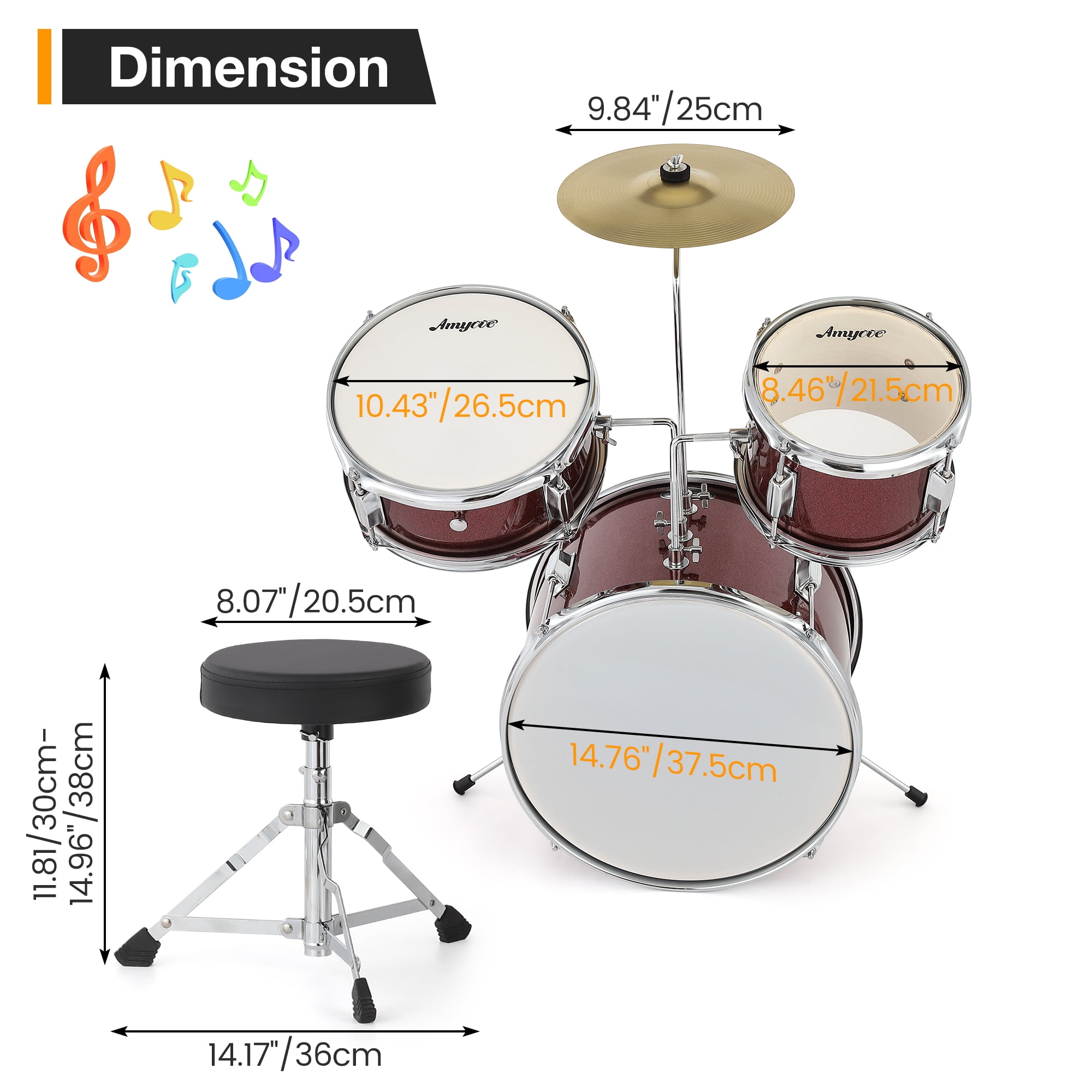 Drum Set, 3 Piece Junior Drum Set with with Cymbal, Tom, Bass Drum, Drumsticks, Bass Pedal and Drum Stool, Musical Instrument Gift Set For Beginner