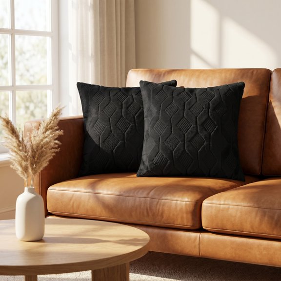 REGALWOVEN Short Plush Decorative Throw Pillow Covers Set of 2 for Living Room Black 18" x 18"