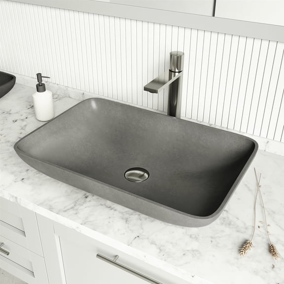 VIGO Concreto Stone 22 in. Rectangular Vessel Bathroom Sink in Gray with Gotham Faucet and Pop-Up Drain in Brushed Nickel