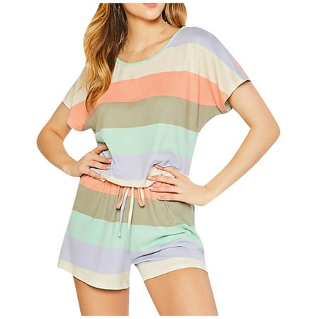 

iOPQO lingerie for women Women Girls Fashion Stripe Print Short Sleeve Shorts Causal Pajamas Suit Women s Sleepwear Green L
