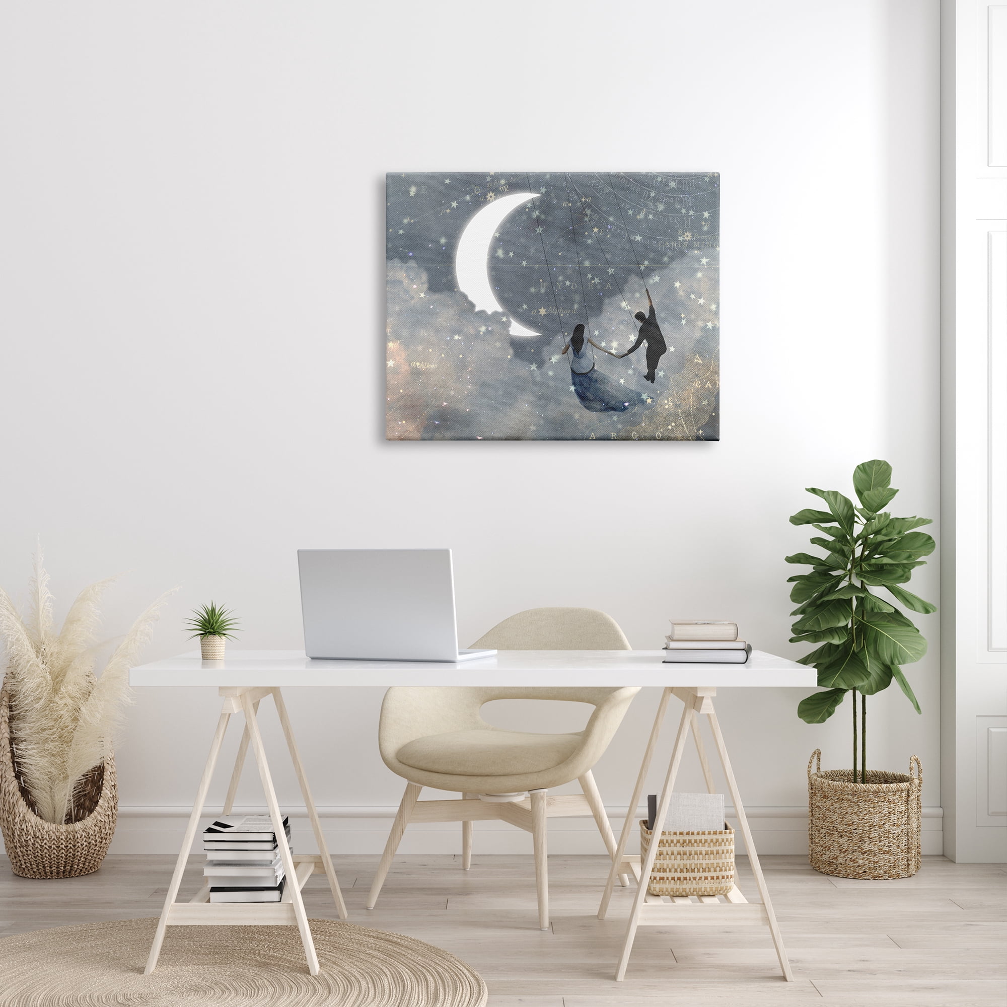 The Stupell Home Decor Collection Grey and Blue Celestial Love Sky Swinging by the Crescent Moon and Stars XXL Stretched Canvas Wall Art, 30 x 1.5 x 40