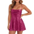 thumbnail image 3 of Women's Party Dress Club Dress Sleeveless Square Neck Adjustable Straps Bow Tie A Line Sequin Dress for Cocktail Banquet,Hot Pink,L, 3 of 5