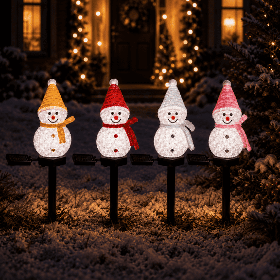 4 Piece Solar Snowman Pathway Lights, Assorted Color Christmas LED Stakes for Yard and Garden
