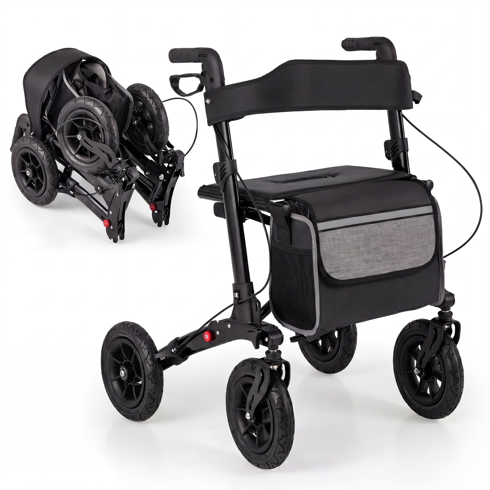 ELLEGNT Walker for Seniors with Seat, Foldable Rollator Walker with Adjustable Heights, 9" All-Terrain Wheels & Hand Brakes, Ergonomic Backrest, Lightweight Aluminum Frame for Indoor & Outdoor, Black