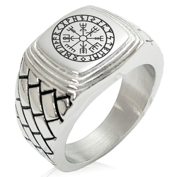 Tioneer Stainless Steel Icelandic Vegvisir Viking Rune Geometric Pattern Step-Down Biker Style Polished Ring