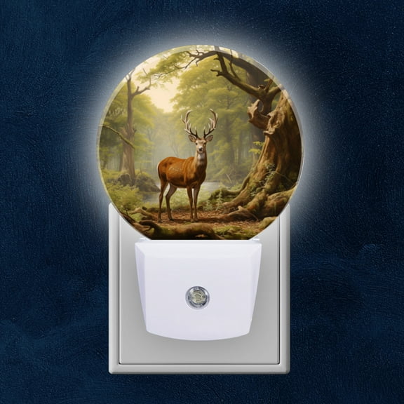 Night Light Plug into Wall,Dusk to Dawn Sensor Auto-On/Off for Bathroom, Hallway,Kids Room-Majestic Deer Stands In The Heart Of Ancient Forest