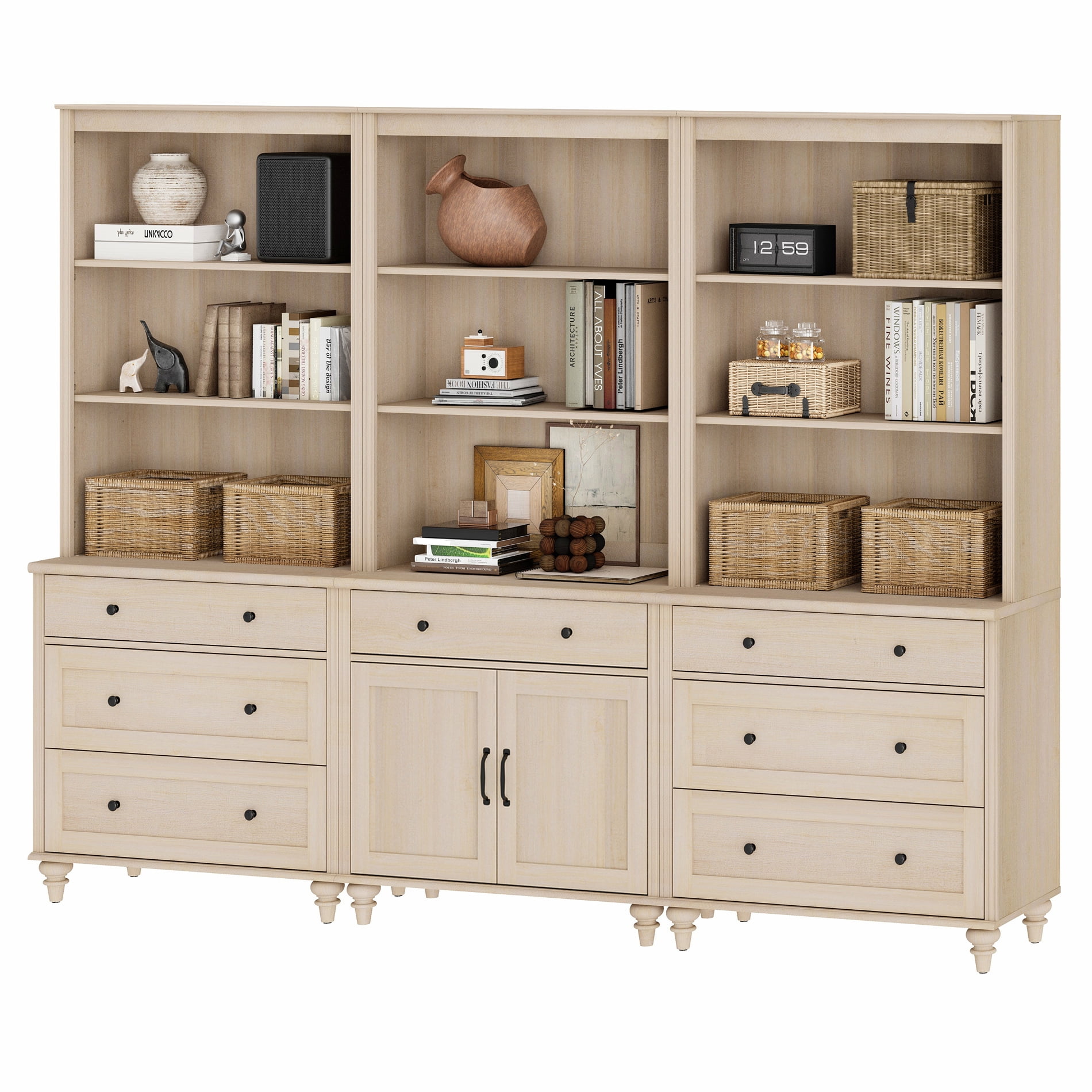 Farmhouse 5 Tier Bookcase With 7 Drawers and 2 Doors, Beige, 101.6" W