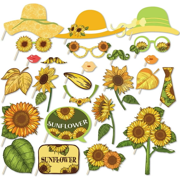 HTOOQ 25Pcs Sunflower Photo Booth Props with Stick, Yellow Sunflower Theme Selfie Props, Autumn Fall Birthday Party Supplies, Photography Backdrop Decorations Sunflower Photo Booth Props -