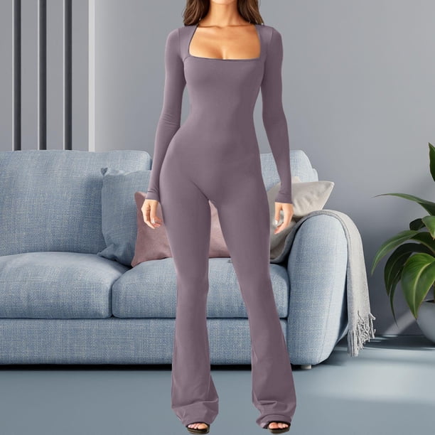 Monos de manga larga para mujer, pantalones largos de pierna ancha, monos elásticos de moda para mujer, Catsuit liso informal para citas en el trabajo Púrpura Gris M Yinane Mono corto