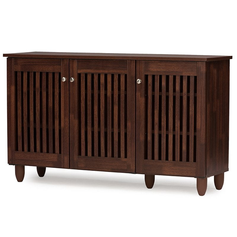 Fernanda Modern and Contemporary 3-Door Wooden Entryway Shoes Storage Wide Cabinet - Oak Brown - Baxton Studio: 10 Fixed Shelves, Hardwood &#38; MDF