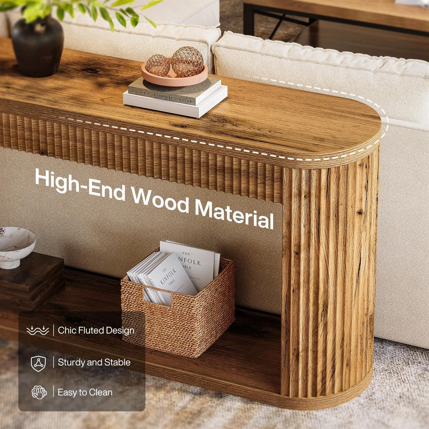 Demi Bonn 63" Farmhouse Rectangle Wood Fluted Console Table, Modern Living Room Sofa Table with Storage, Contemporary Entryway Hall Table, Foyer Display Table, Brown