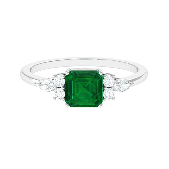 Rosec Jewels Lab Grown Emerald Ring with Diamond Accent - 8 mm Asscher Cut Emerald Engagement Ring for Women - AAAA Quality, 925 Sterling Silver, US 4.00