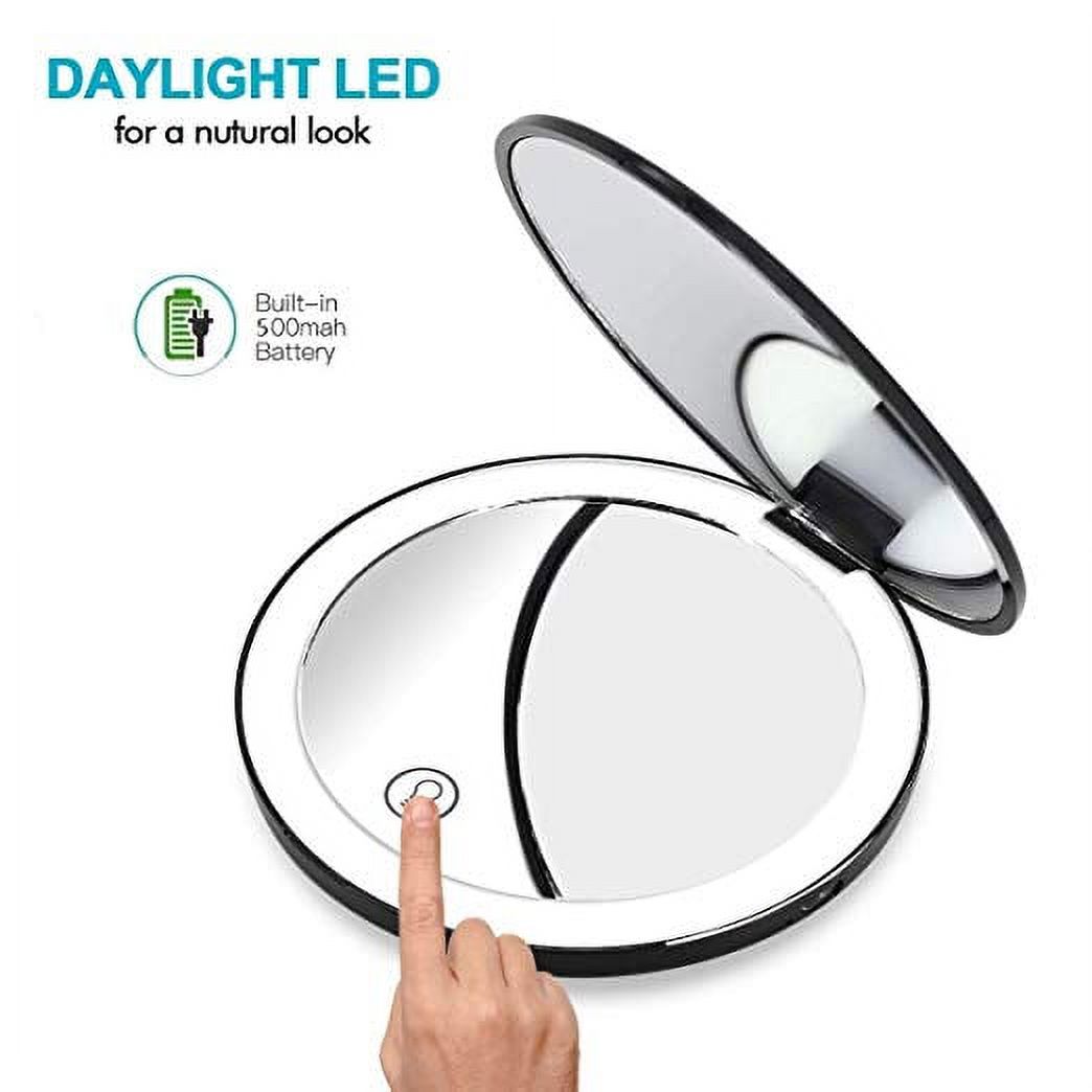 Glam Hobby LED Lighted Travel Makeup Mirror, 1x/7x Magnification - Daylight LED, Touch button, Dimmable, Compact, Portable, USB Chargeable battery operarted, Large 4 1/2” Wide Folding Mirror（black） - image 2 of 7