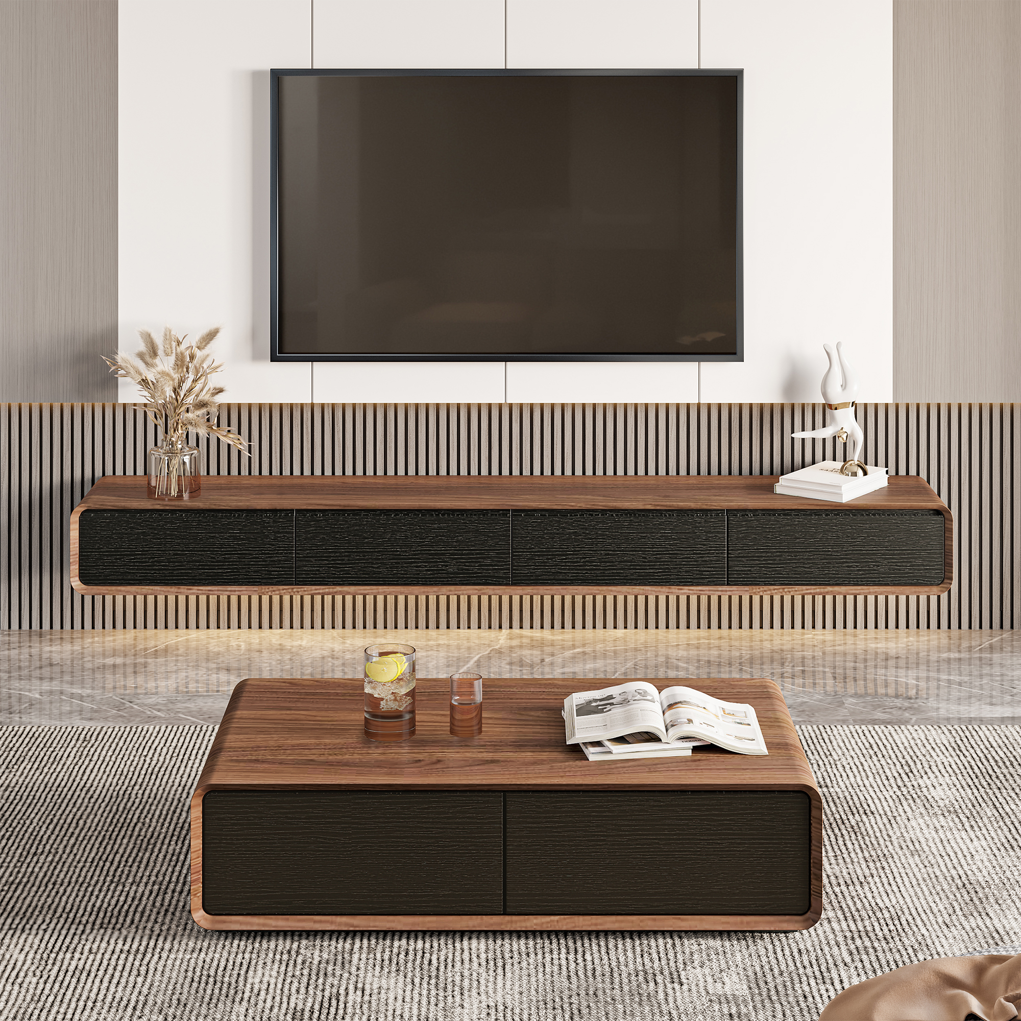POVISON Minimalist Floating TV Stand, Modern Wall-Mounted Entertainment Center with 4 Drawers, Media Console,TV Console,94''