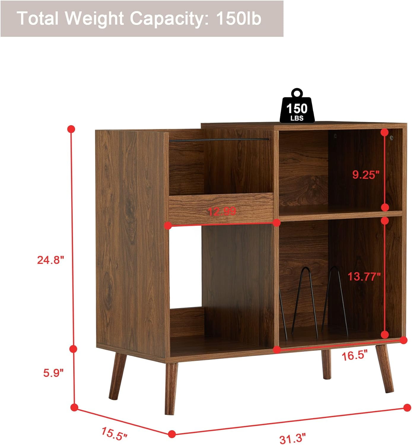 Weselon Record Storage Cabinet with Power Outlet,Record Player Stand,Record Player Table Holds up to 250 Albums,Turntable Stand Display Shelf with Wood Legs for Living Room Bedroom,Walnut Brown