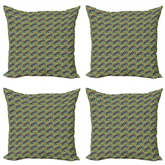 Tropical Throw Pillow Cushion Case Pack of 4, Repetitive Abstract Thin Lines Palm Leaves Colorful Summer Illustration, Modern Accent Double-Sided Print, 4 Sizes, Indigo and Multicolor, by Ambesonne