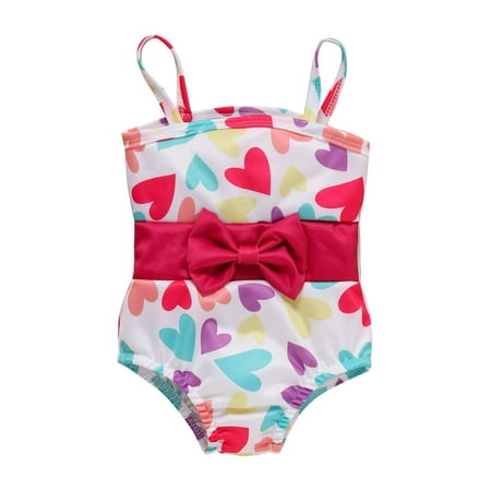 

TOPGOD Sister Matching Swimwear Heart Print Bowknot One-Piece Bikini/Halter Crop Tops Ruffles Shorts Swimsuit Set
