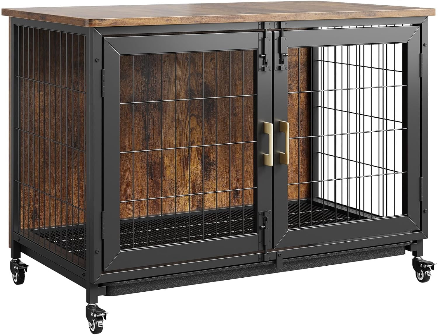 Yeshouse 37.5 Inch Dog Crate Furniture, Heavy Duty Dog Kennel Furniture with Wheels, Wooden Dog Cage with Removable Tray, Indoor Dog House for Medium and Small Dogs, Brown