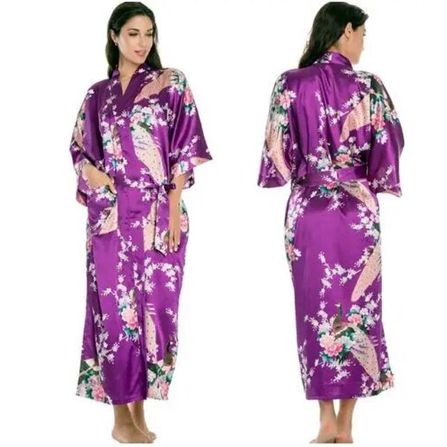 Albornoz tipo kimono de seda para mujer, túnicas de seda estilo Kimono con estampado floral, conjunto de noche cómodo disponible en talla grande XXXL