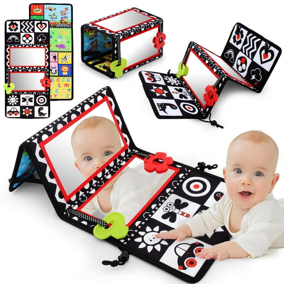 Tummy Time Floor Mirror with Teethers, Double-Sided Baby Mirror Black and White High Contrast Baby Toys for Babies, Baby Montessori Toys Crawling Developmental Newborn Infant Sensory Toys
