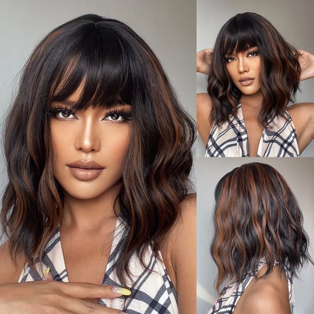 Pelucas sintéticas rizadas Rojas vino con flequillo, cabello ondulado Bob de longitud media para mujer, peluca Lolita Natural para fiesta de Cosplay, resistente al calor