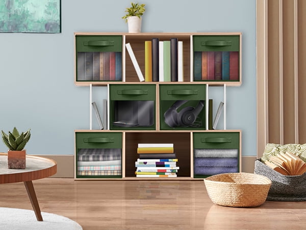 Sorbus 13” Foldable Storage Bins with Clear Window – Set of 6 Collapsible Fabric Baskets with Handles for Clothes, Toys, Books – Sturdy Organizer Cubes for Shelves & Closets, Dark Green