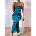 thumbnail image 4 of Women'S Summer Dress Printed Strapless Tube Bodycon Maxi Side Slit Mesh Layered Blue L, 4 of 10