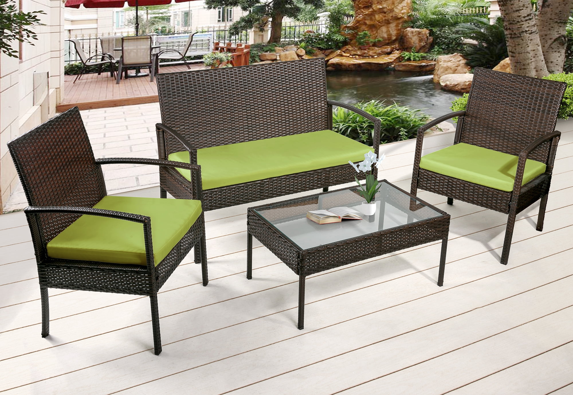 Merax 4 Piece Outdoor Rattan Furniture Set Patio Wicker Cushioned Set