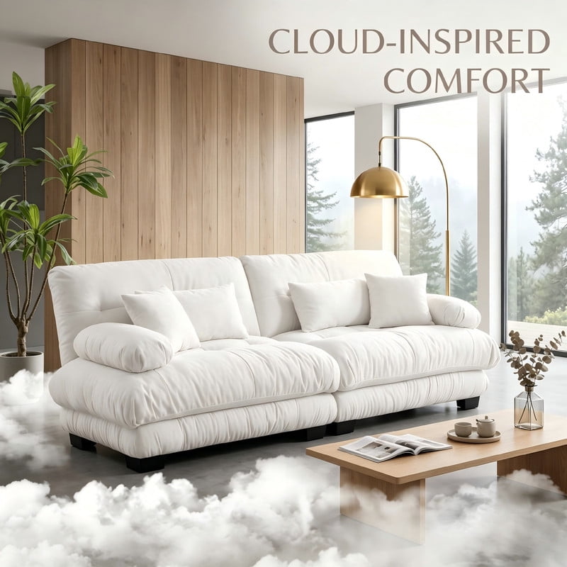 ANPPORT Cloud Couch Sleeper Sofa, Chenille White 2-Seater Modular Sofa, 2 Lumbar pillows, 2 Pillows, Comfy Deep Seat Cloud Sofa, Convertible L-Shaped Floor Couch for Living Room