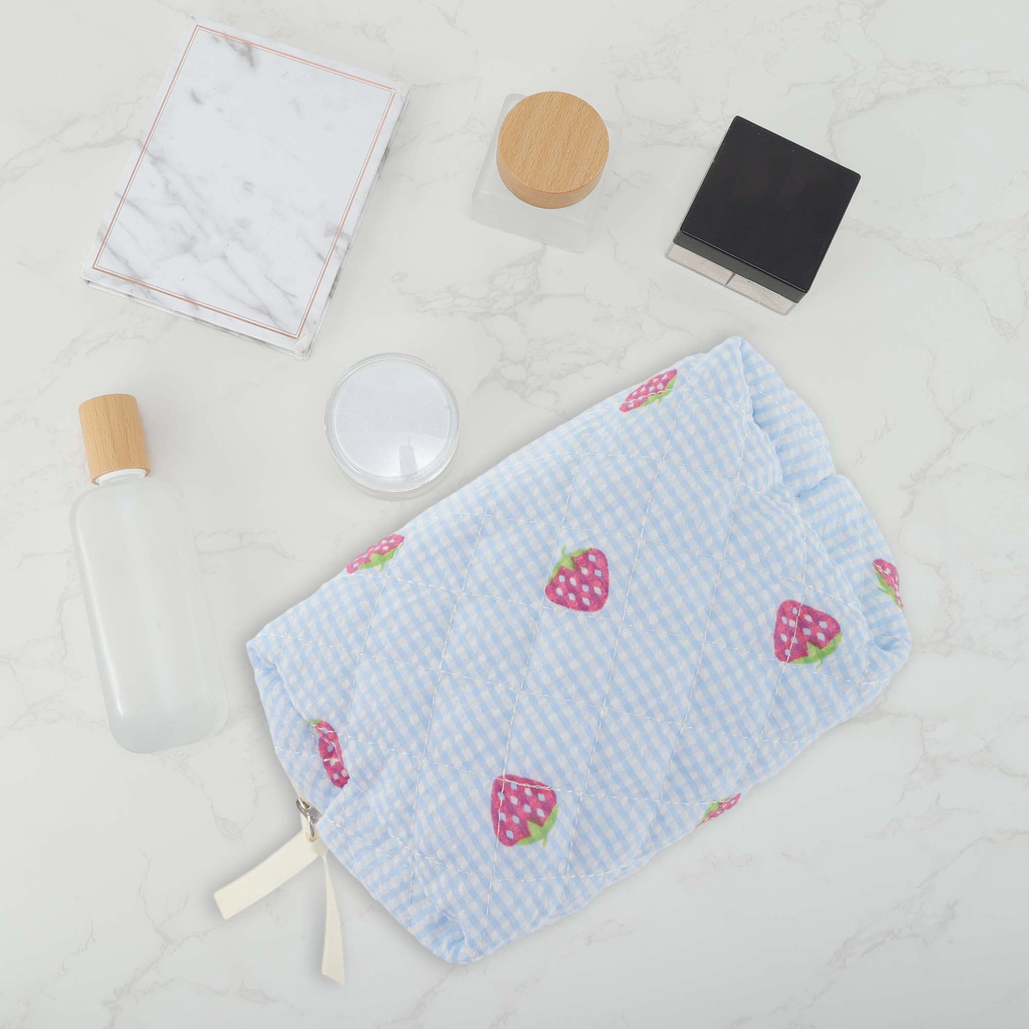 Unique Bargains 1 Pc Strawberry Makeup Bag Blue [Quilted Stripe Strawberry Square]