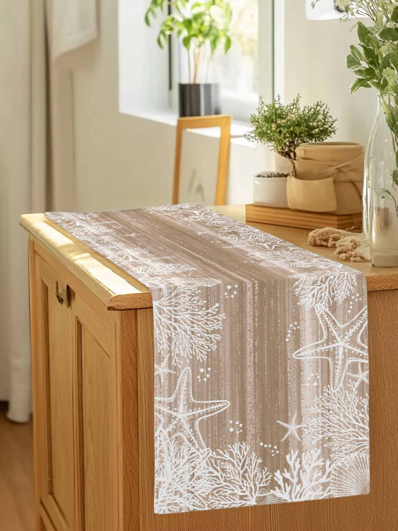 Sea Stars Table Runner, Summer Beach Sea Star Coral Brown Texture Washable Cotton-linen Table Runners Dining Kitchen Decoration for Everyday Home Wedding Party Decor, 13 x 120 Inch