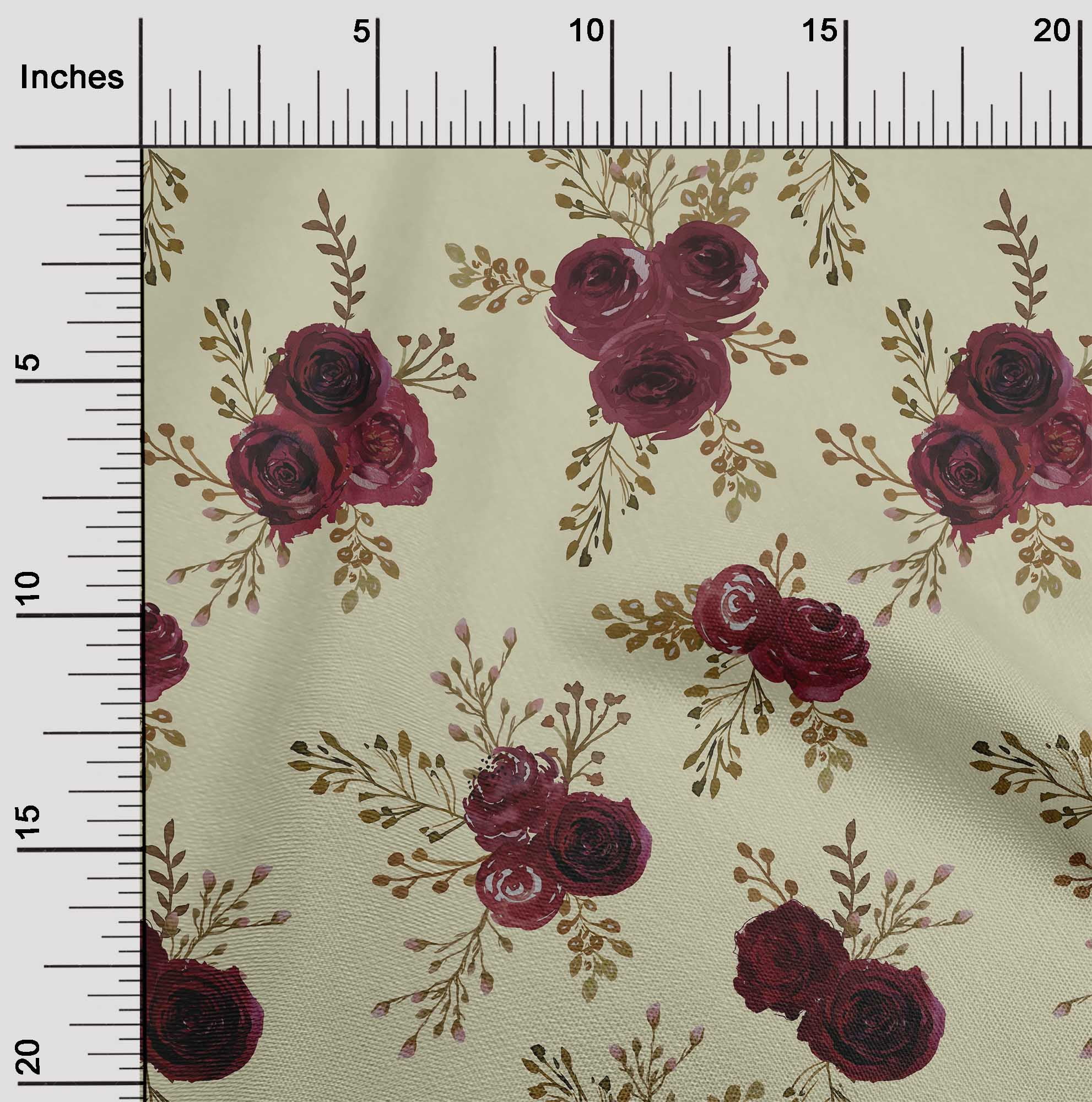 oneOone Viscose Chiffon Beige Fabric Leaves & Rose Floral Sewing ...
