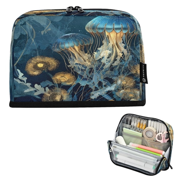 Pencil Bag with Magnetic Foldable Base Large Capacity Stand-Up Pencil Case Durable Nylon Pen Pouch Enchanted Ocean Scene