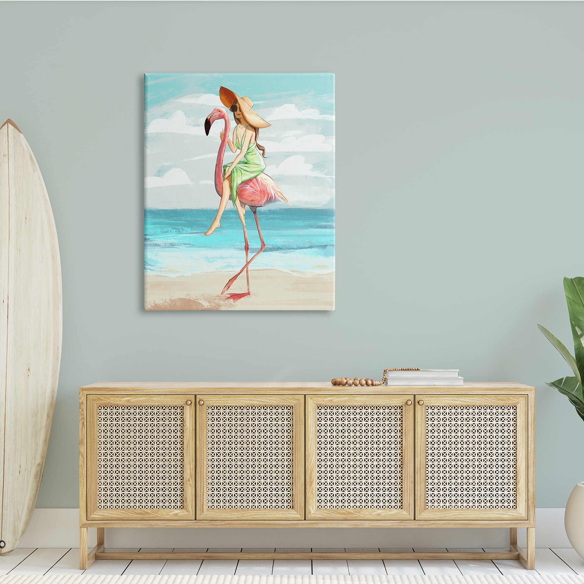 Stupell Indtries Beach Woman Riding Pink Flamingo Tall Tropical Bird,36 x 48,Design by Ziwei Li
